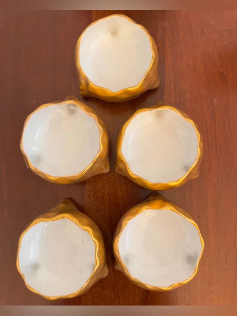 Set of 5 Antique Victoria Austria Gold Porcelain Footed Salt Cellars Tripod Legs